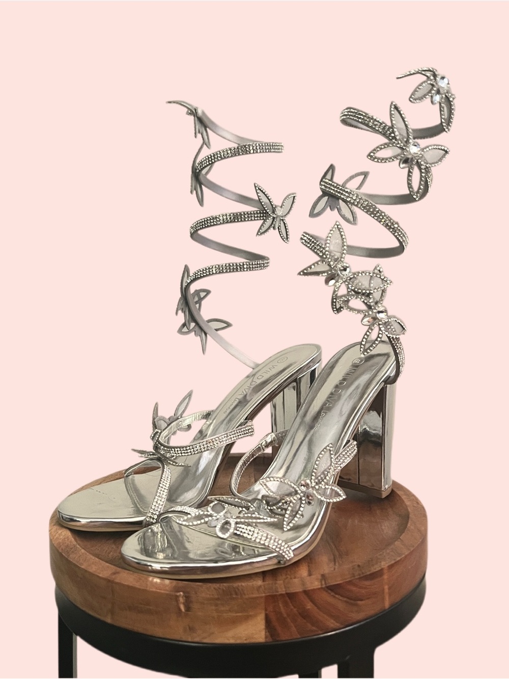 Silver Butterfly Embellished Spiral-Strap Block Heel Sandals